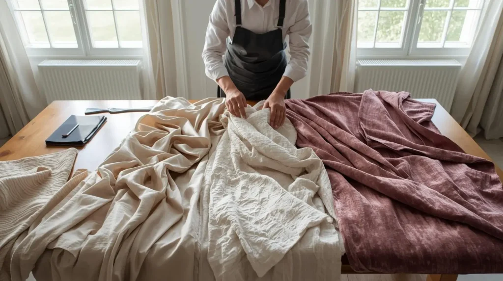 professional cleaner inspecting a variety of drape fabric