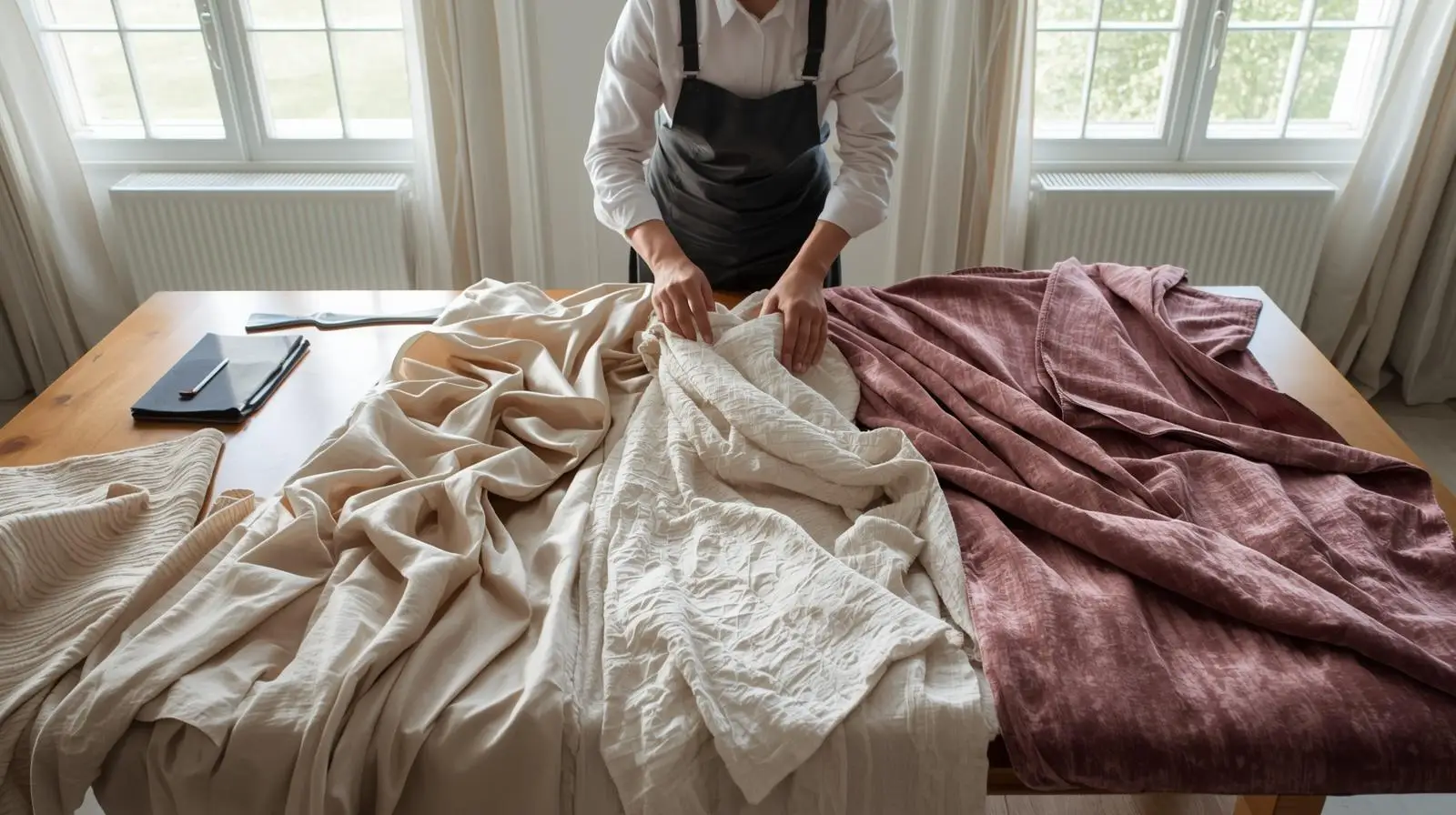 professional cleaner inspecting a variety of drape fabric
